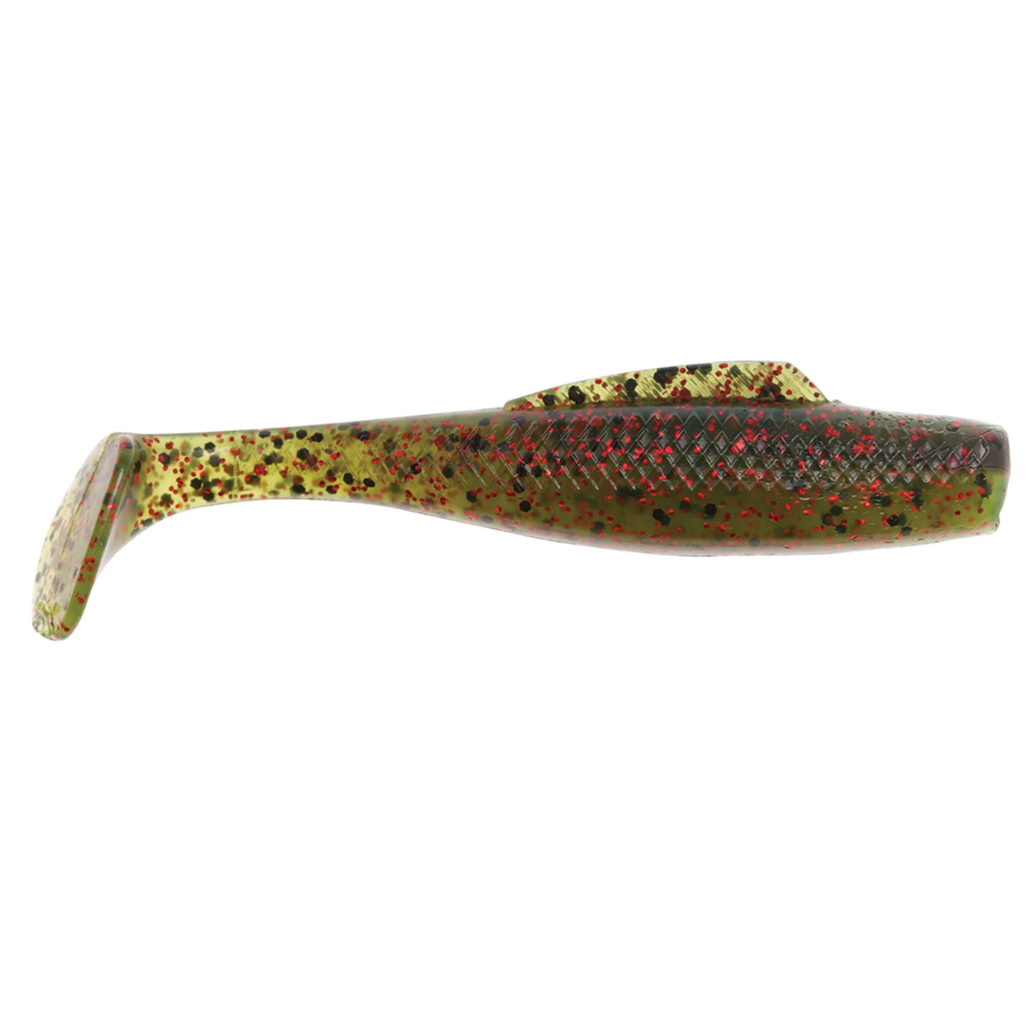 Soft plastic fishing lure, gray-green mottled body with red-gold speckles and speckled tail