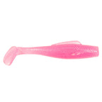 Soft plastic fishing lure, bright pink translucent body with faint glitter and rounded tail