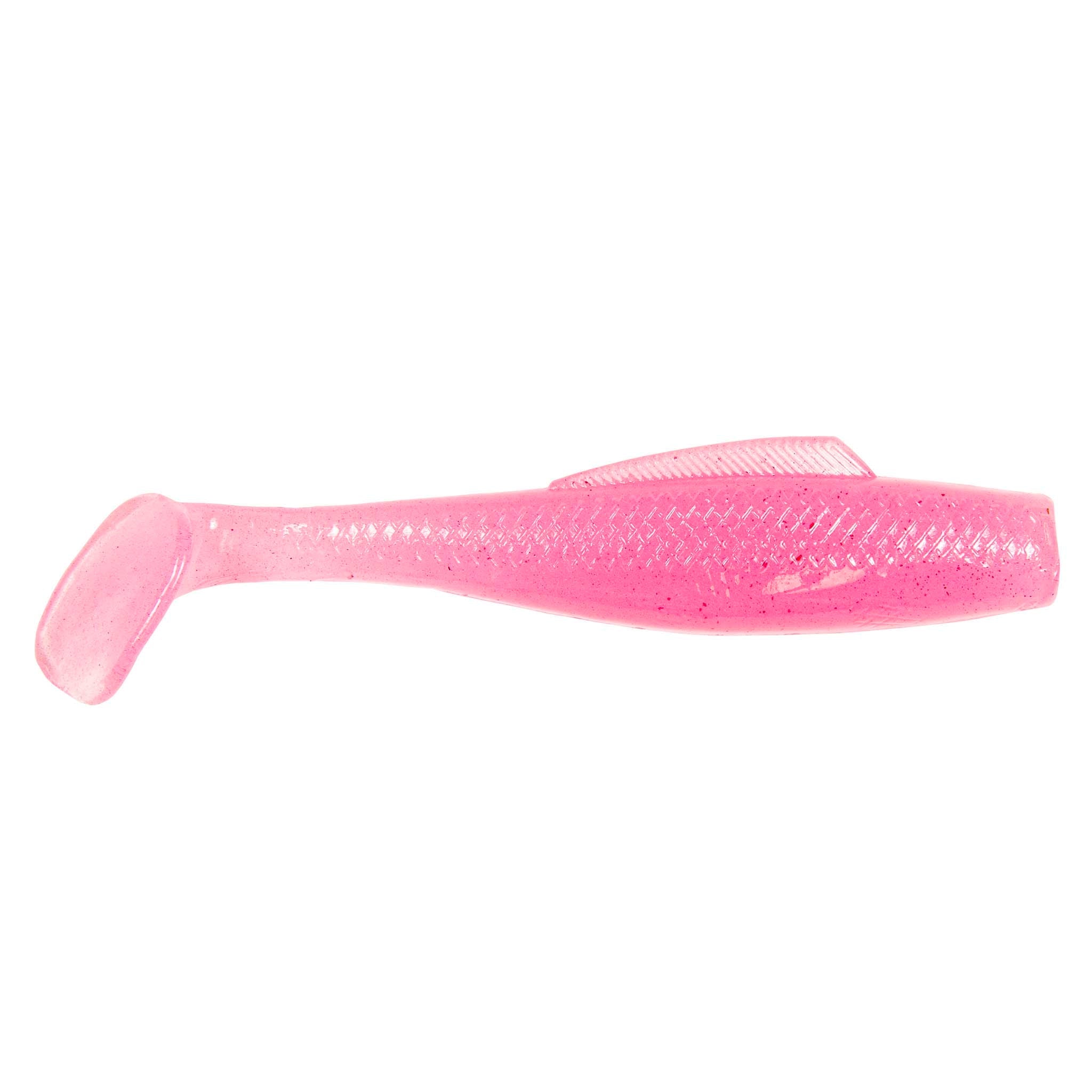 Soft plastic fishing lure, bright pink translucent body with faint glitter and rounded tail