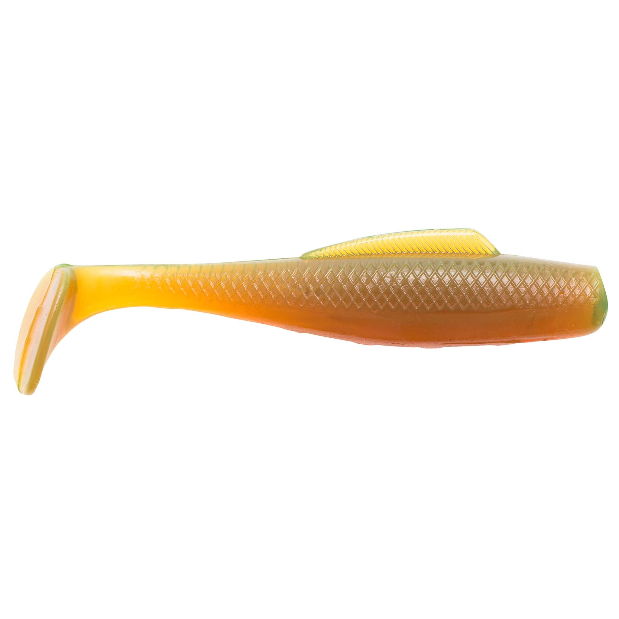 Soft plastic fishing lure, golden orange body with subtle texture and pale tail edge