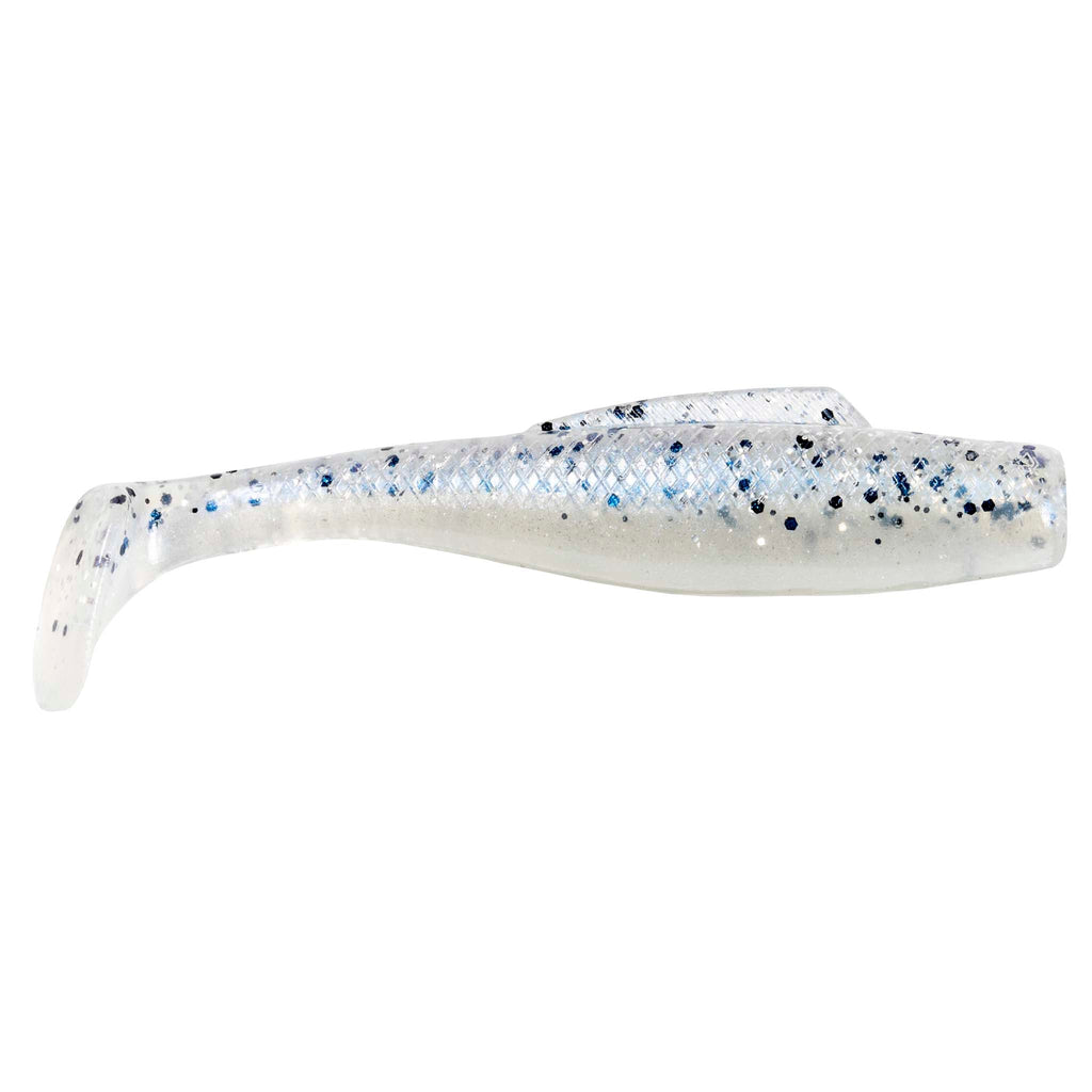 Soft plastic fishing lure, white translucent with blue speckle and clear tail