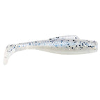 Soft plastic fishing lure, white translucent with blue speckle and clear tail