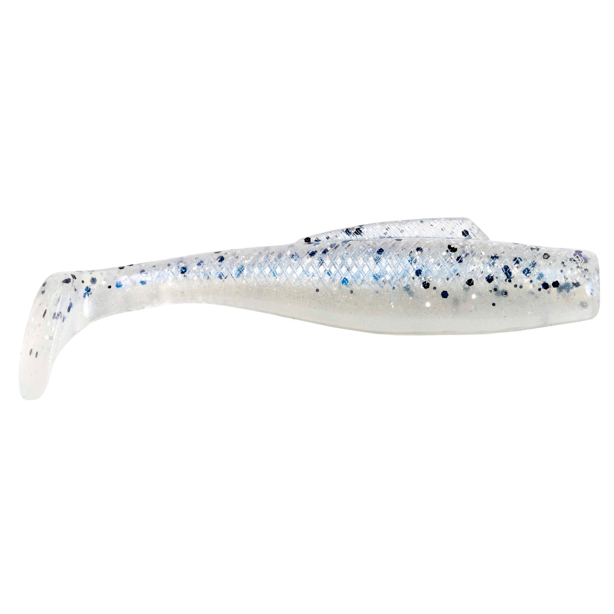 Soft plastic fishing lure, white translucent with blue speckle and clear tail