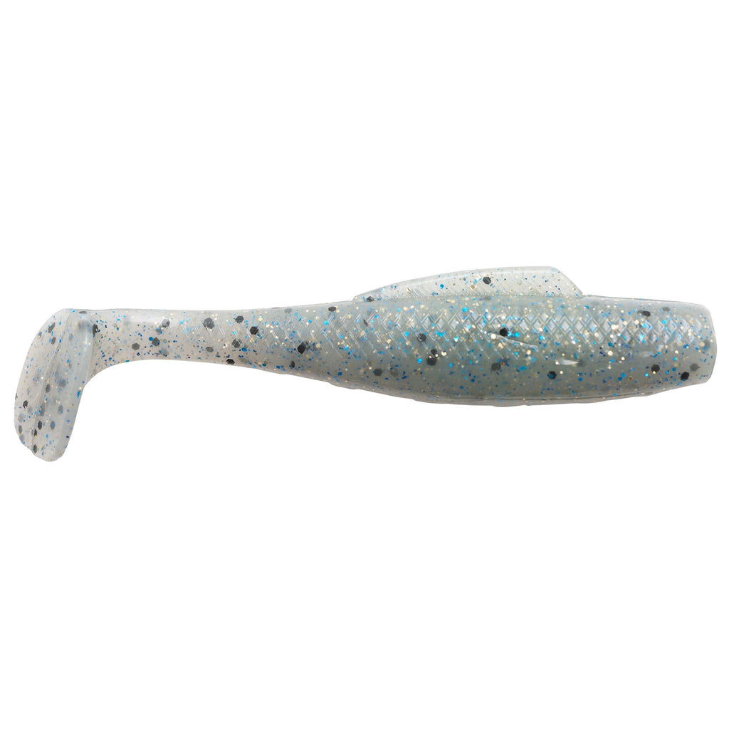 Soft plastic fishing lure, pale blue translucent body with speckled dots and clear tail