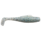 Soft plastic fishing lure, pale blue translucent body with speckled dots and clear tail
