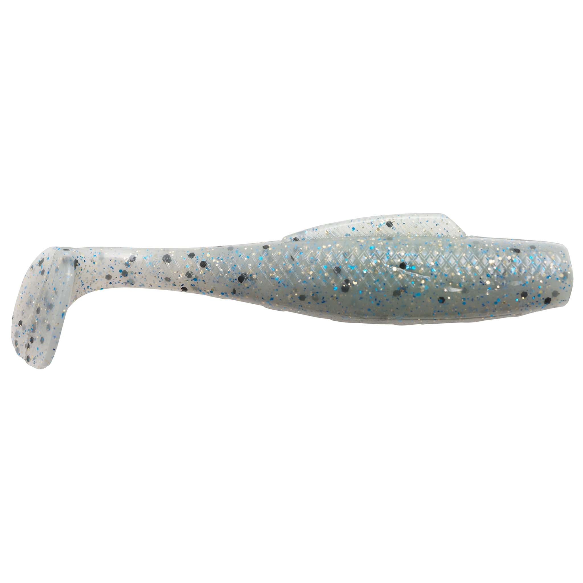 Soft plastic fishing lure, pale blue translucent body with speckled dots and clear tail