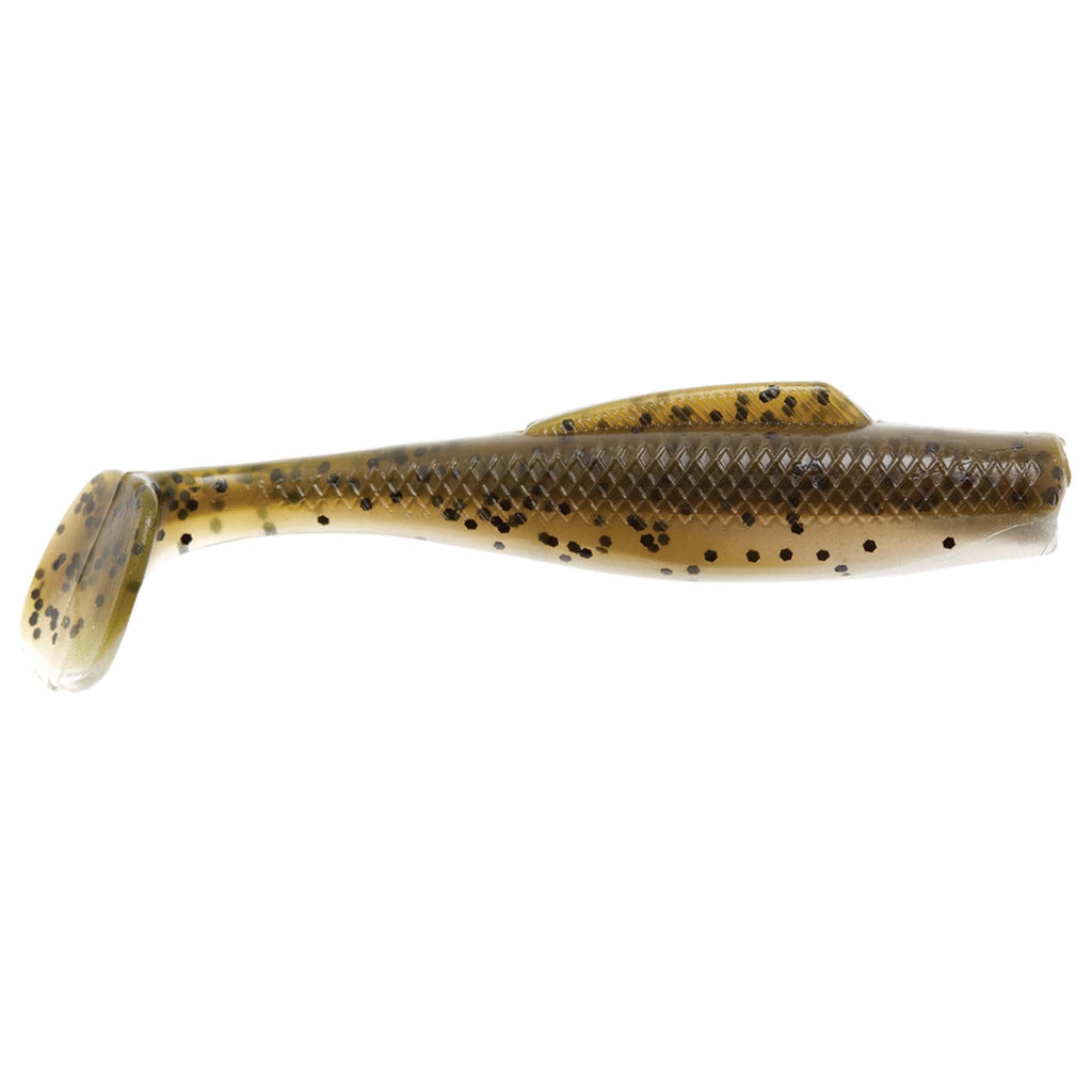 Soft plastic fishing lure, tan speckled top with clear pale belly and small black dots