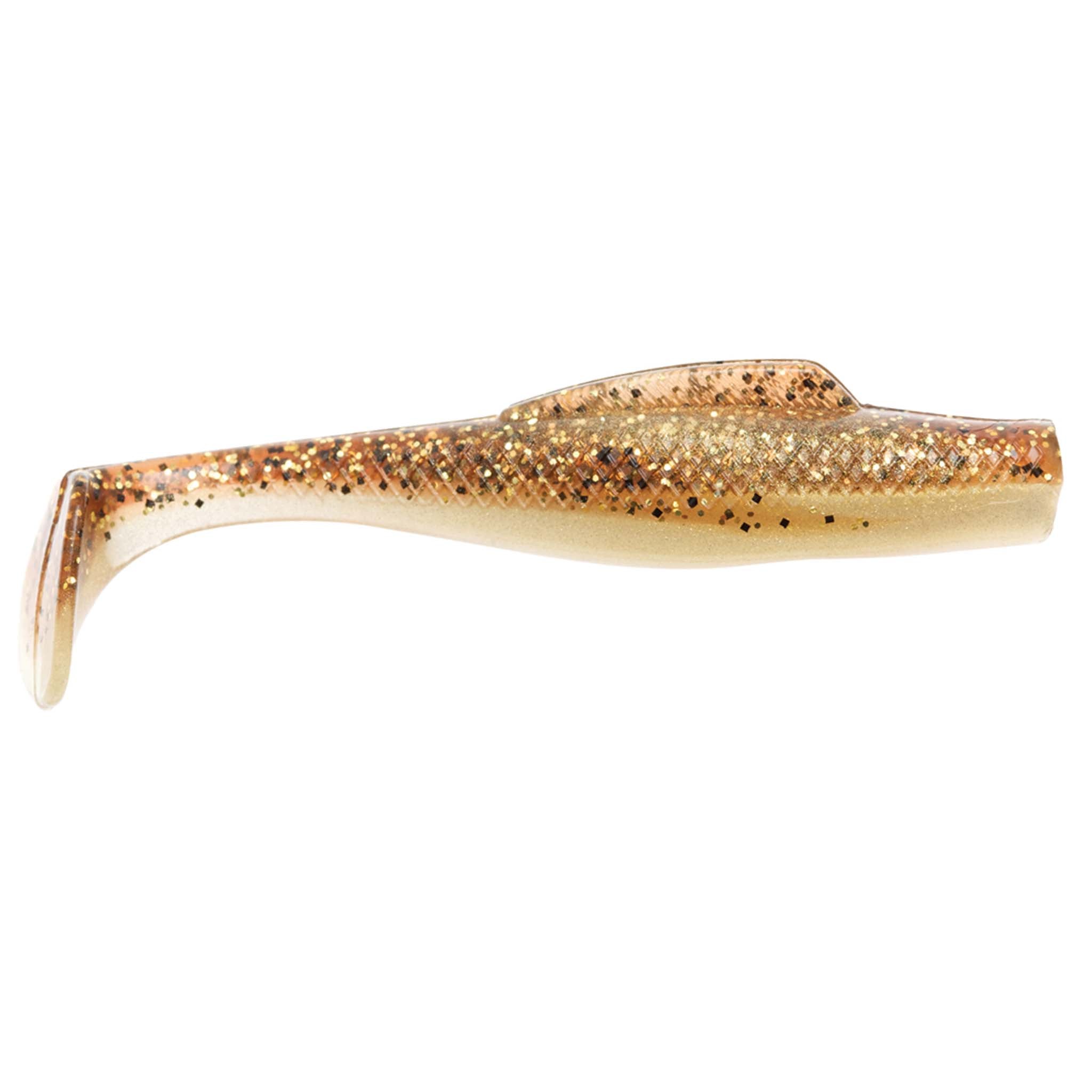 Soft plastic fishing lure, tan-gold speckled body with translucent tail