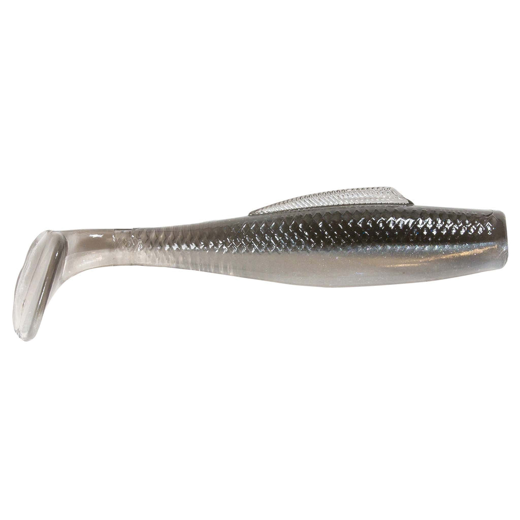 Soft plastic fishing lure, clear with dark smoky top and subtle sparkles