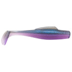 Soft plastic fishing lure, gray-silver with purple iridescent top and translucent tail