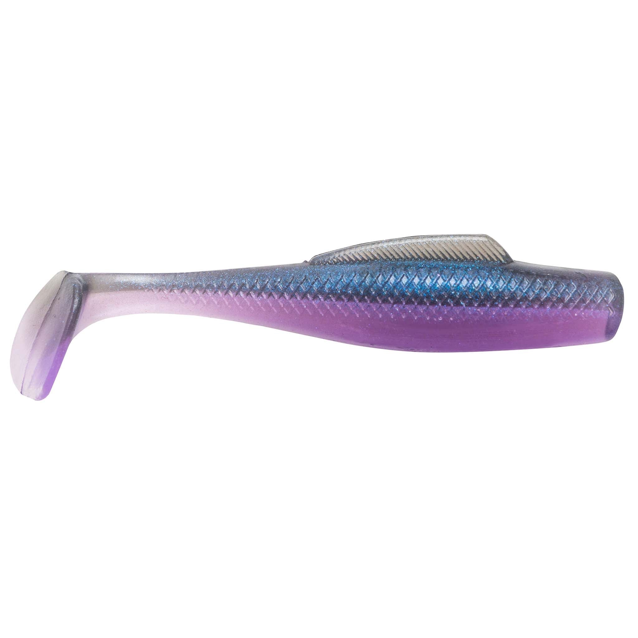 Soft plastic fishing lure, gray-silver with purple iridescent top and translucent tail
