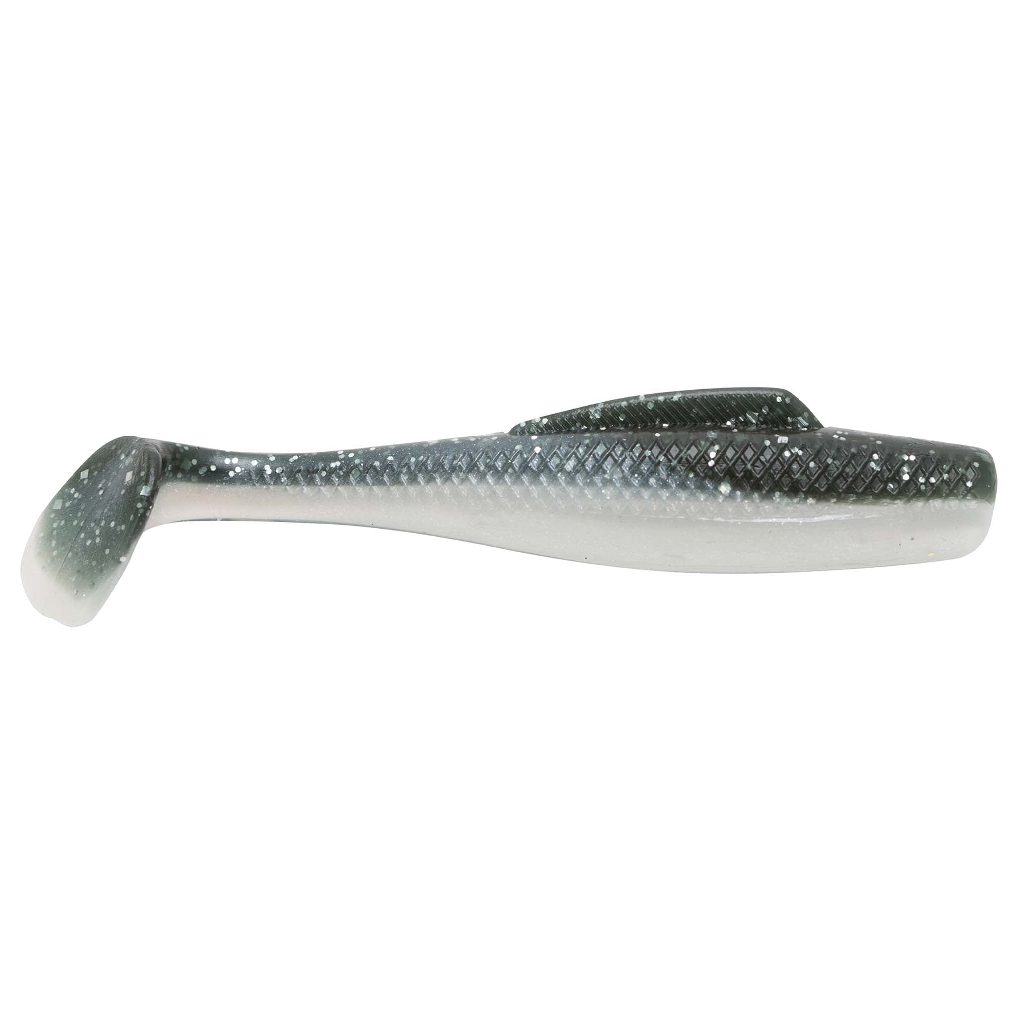 Soft plastic fishing lure, dark gray-blue top with translucent belly