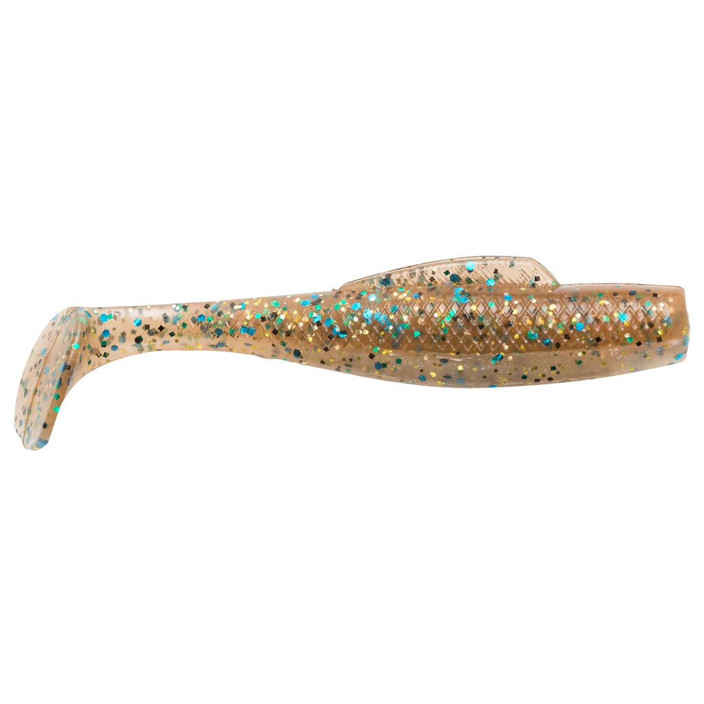Soft plastic fishing lure, gold-brown body with blue-green flecks and translucent tail