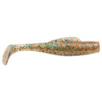 Soft plastic fishing lure, gold-brown body with blue-green flecks and translucent tail