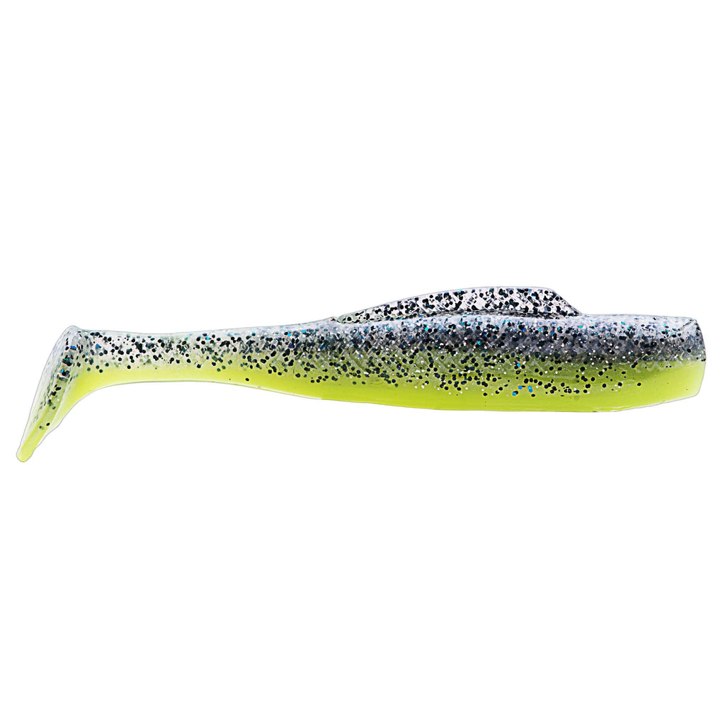 Soft plastic fishing lure, dark blue-violet top with chartreuse belly and speckles