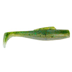 Soft plastic fishing lure, bright green with black speckles and light translucent belly
