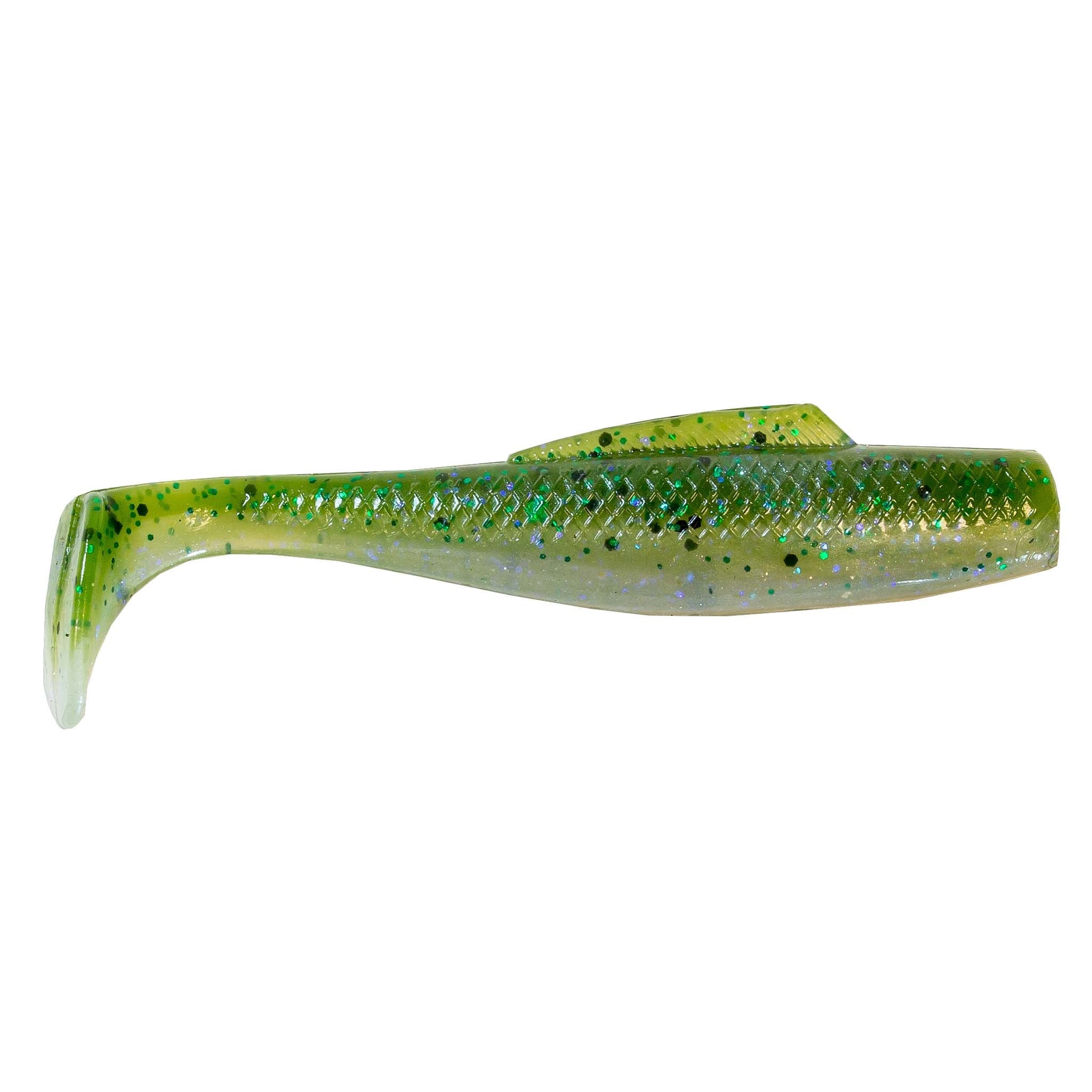 Soft plastic fishing lure, bright green with black speckles and light translucent belly