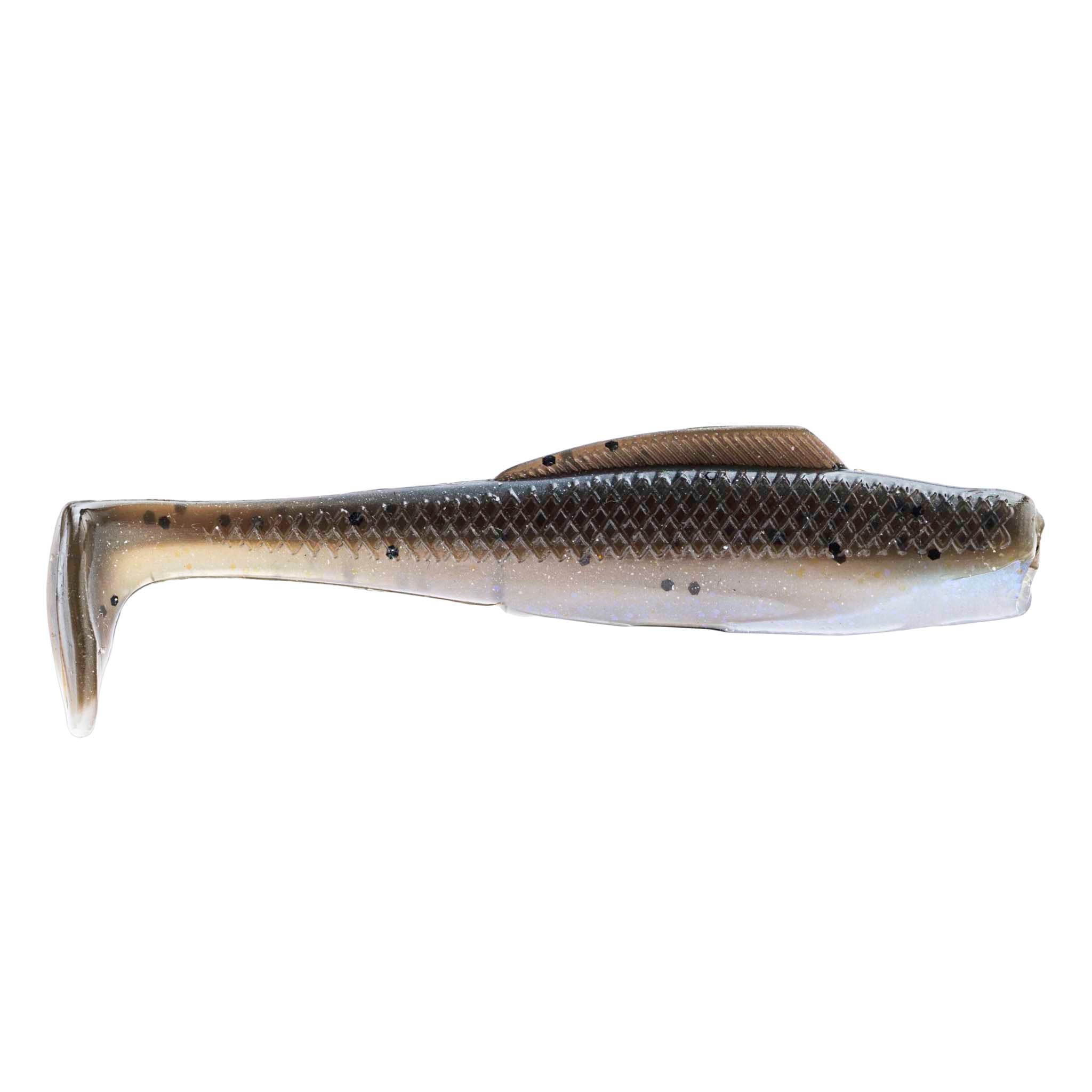 Soft plastic fishing lure, dark brown top with gray speckles and translucent pale belly