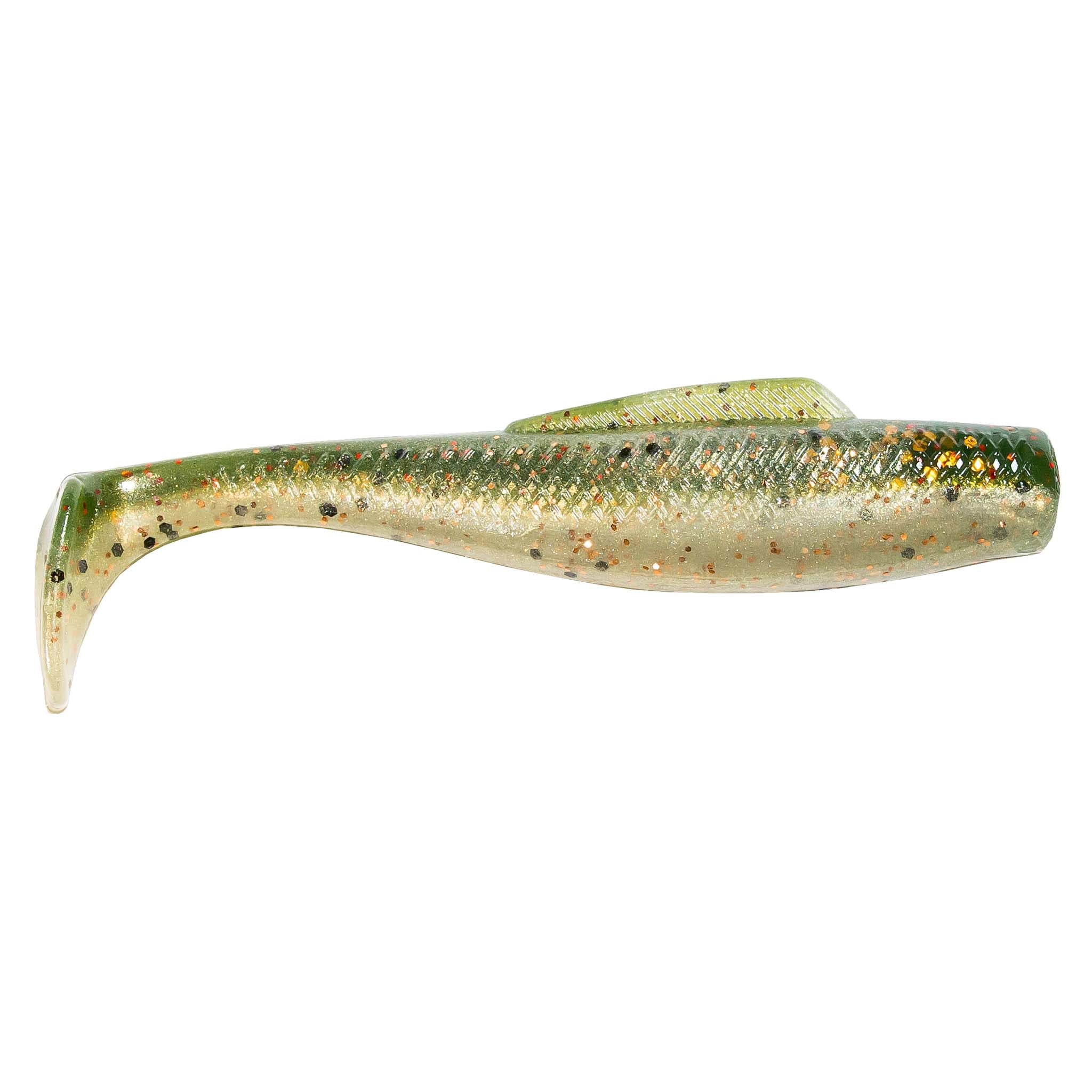 Soft plastic fishing lure, gold-brown back with multicolor speckles and translucent tail