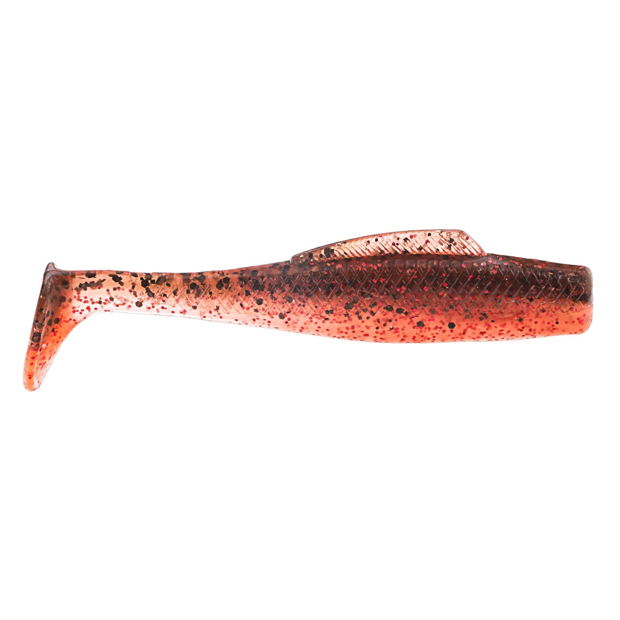 Soft plastic fishing lure, orange-red mottled body with dark speckles and translucent tail