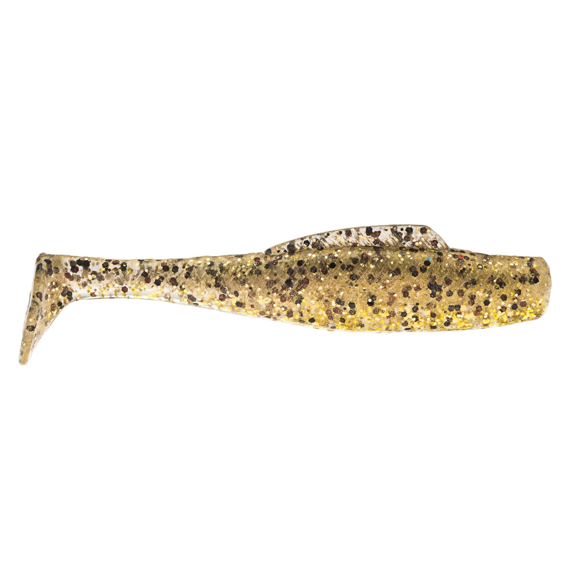 Soft plastic fishing lure, gold-tan body with dark speckles and translucent tail