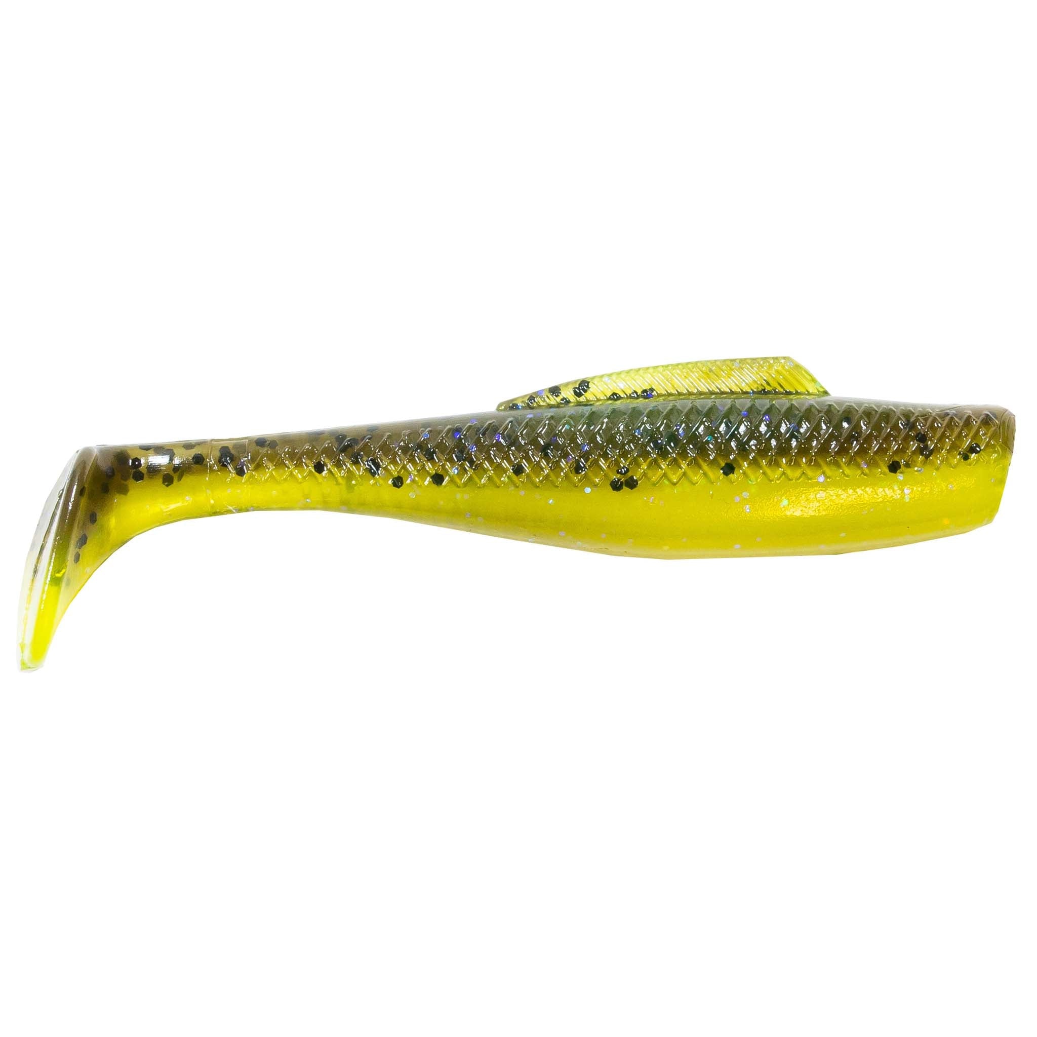 Soft plastic fishing lure, bright chartreuse with small dark speckles and light texture