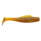 Soft plastic fishing lure, golden amber sparkle with orange tint and rounded tail