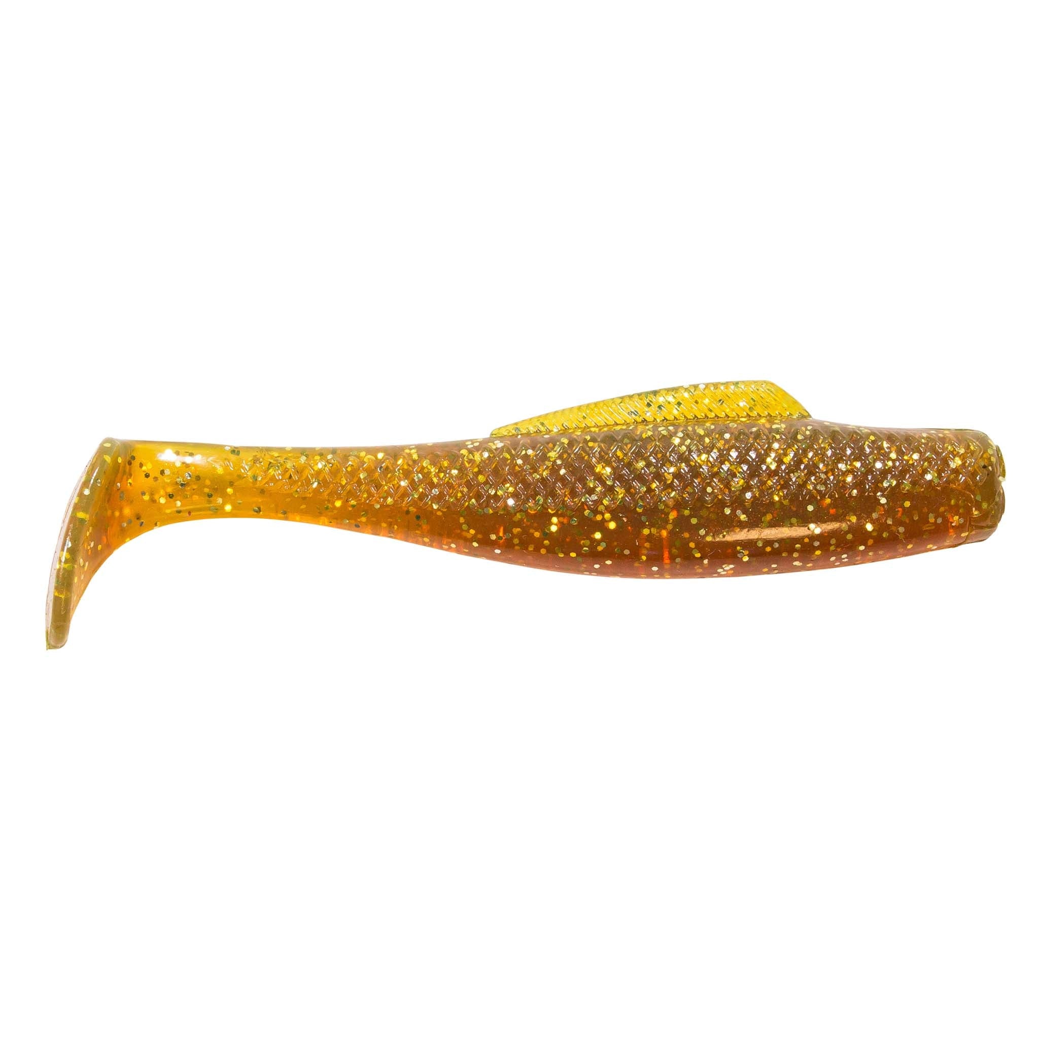 Soft plastic fishing lure, golden amber sparkle with orange tint and rounded tail