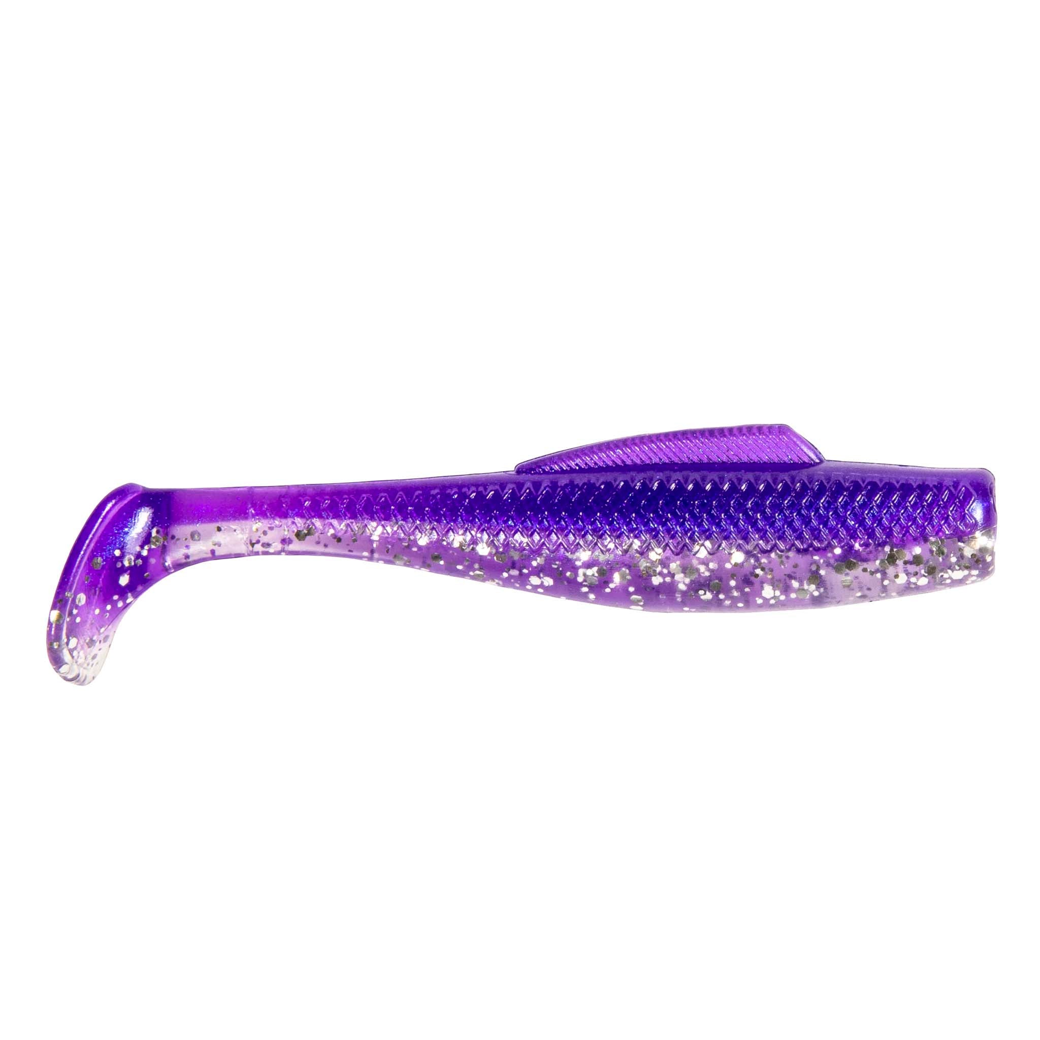 Soft plastic fishing lure, vivid purple body with fine speckle and translucent tail