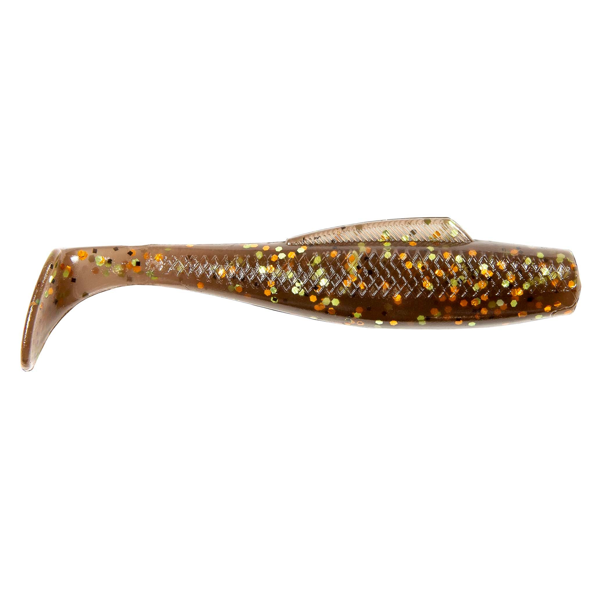 Soft plastic fishing lure, bronze-gold sparkle with translucent body and speckled tail
