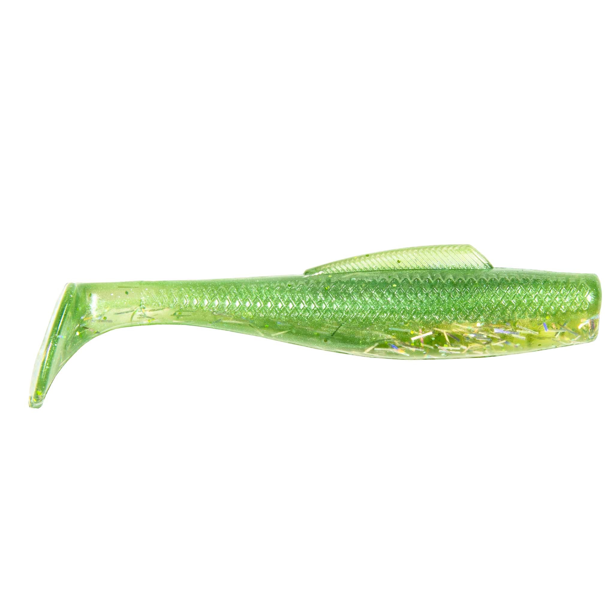 Soft plastic fishing lure, translucent green with yellow-green tint and sparkly flecks