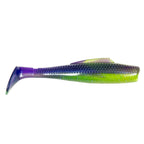 Soft plastic fishing lure, blue-purple top with green-yellow belly and purple tail
