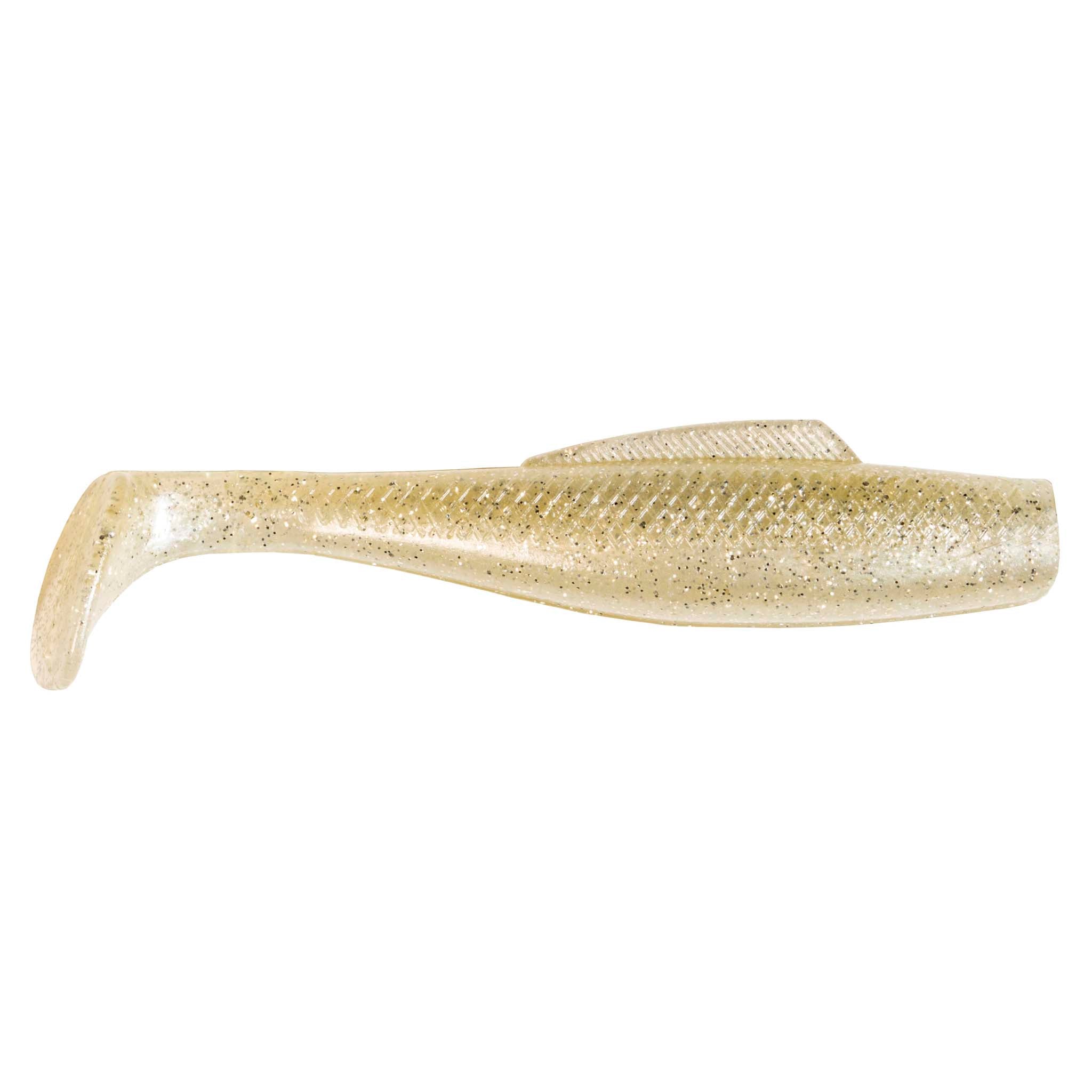 Soft plastic fishing lure, clear cream with gold glitter speckle and pale tail