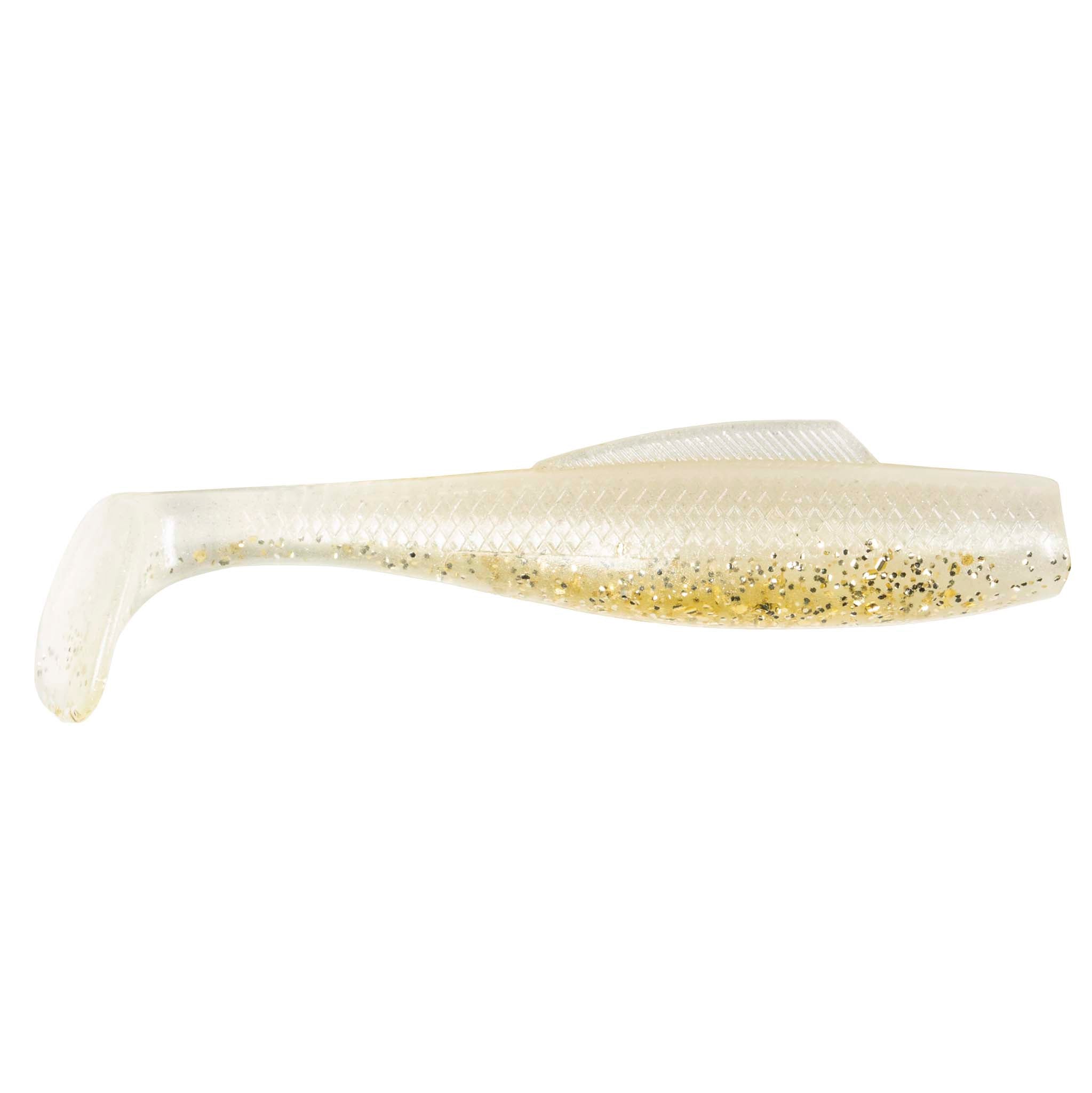 Soft plastic fishing lure, clear cream with gold speckle and translucent tail