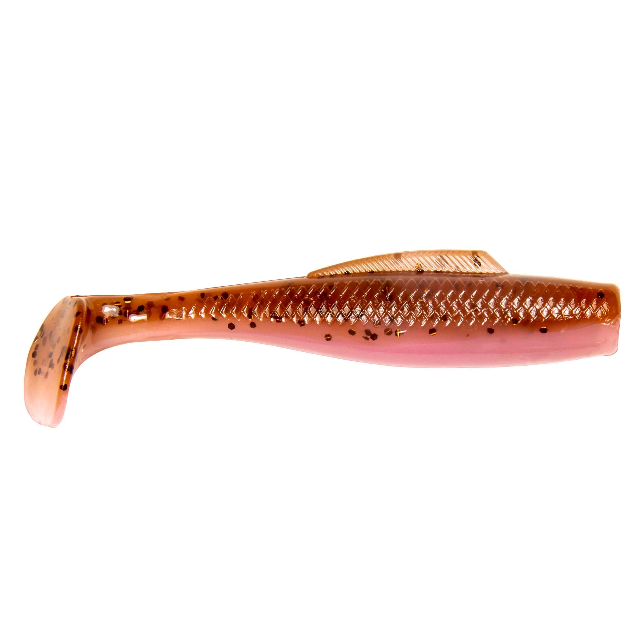 Soft plastic fishing lure, copper-orange top with tiny dark speckles and clear tail