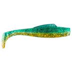 Soft plastic fishing lure, teal-blue top with gold speckles and translucent tail