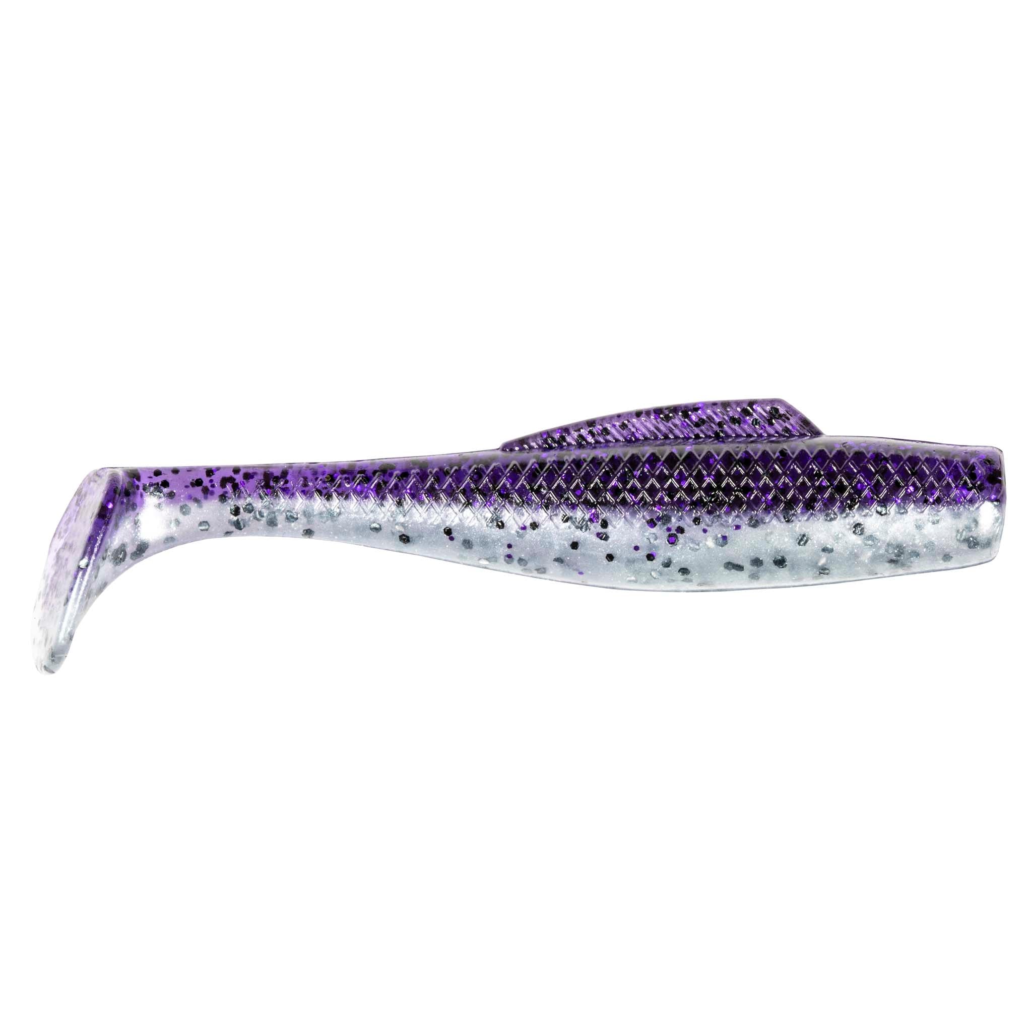 Soft plastic fishing lure, dark purple top with silver speckles and pale belly