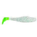 Soft plastic fishing lure, white translucent with teal/blue speckles and neon green tail