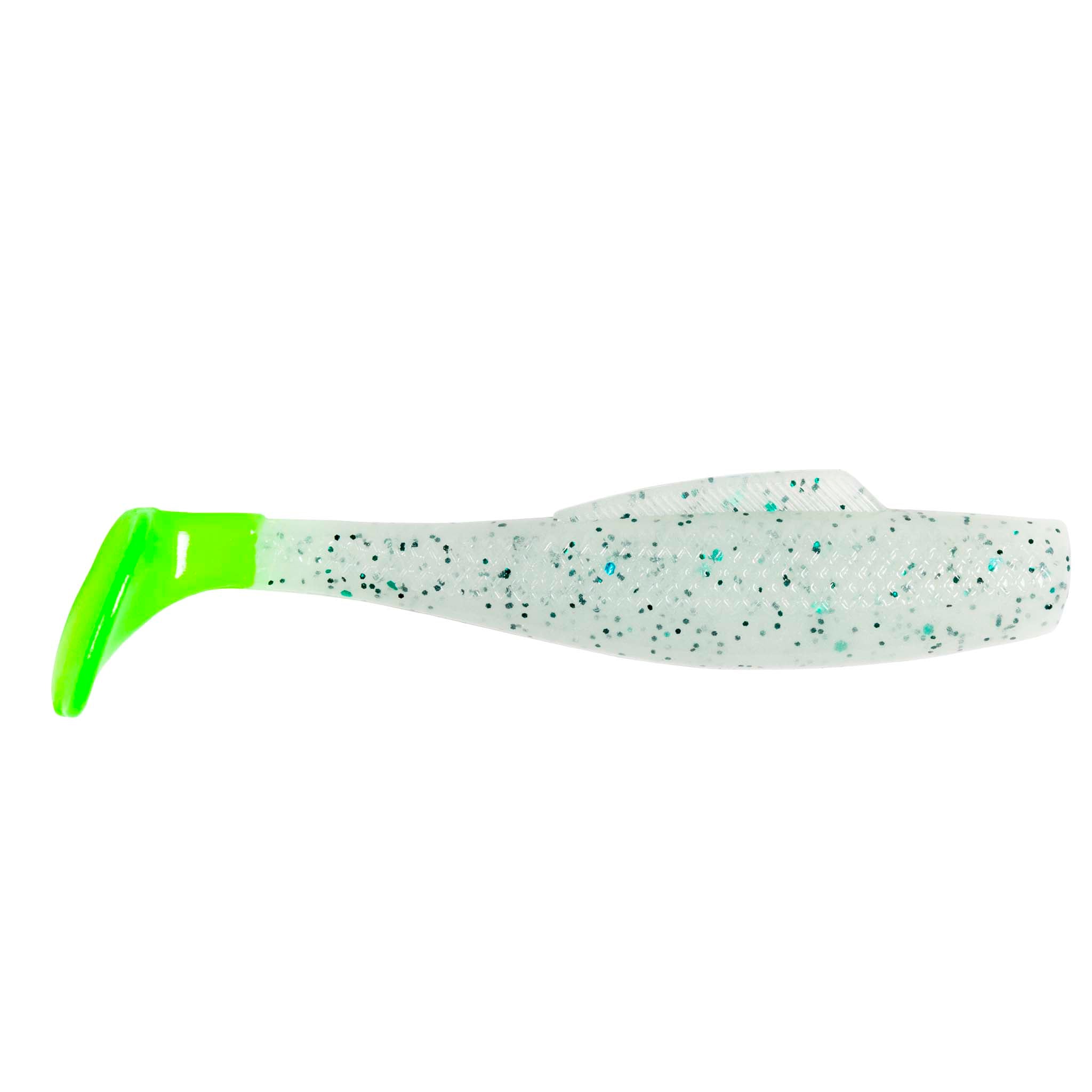 Soft plastic fishing lure, white translucent with teal/blue speckles and neon green tail
