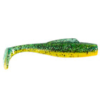 Soft plastic fishing lure, green with yellow belly and dark speckles and translucent tail