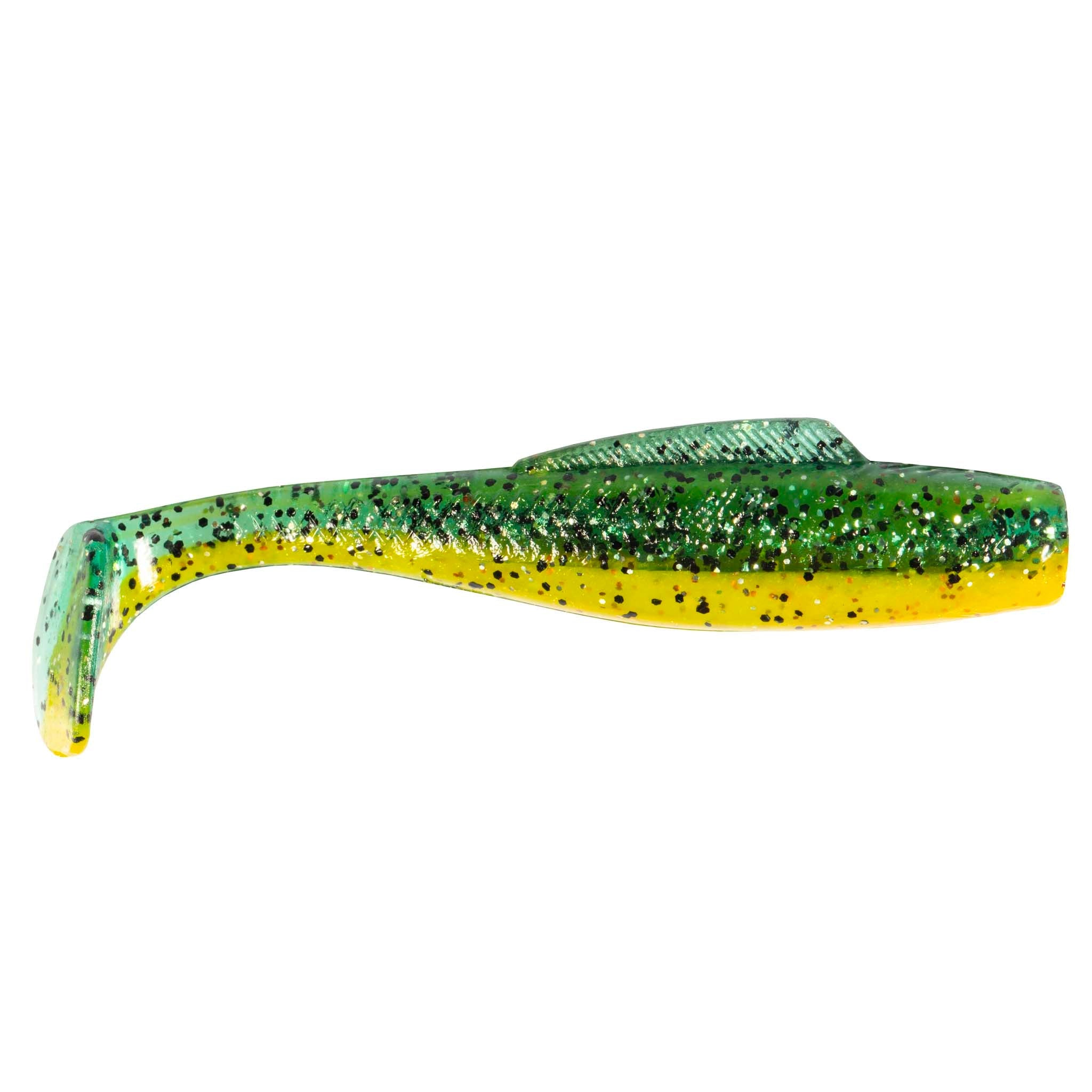 Soft plastic fishing lure, green with yellow belly and dark speckles and translucent tail