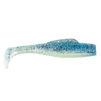Soft plastic fishing lure, light blue translucent body with dark speckles and curved tail