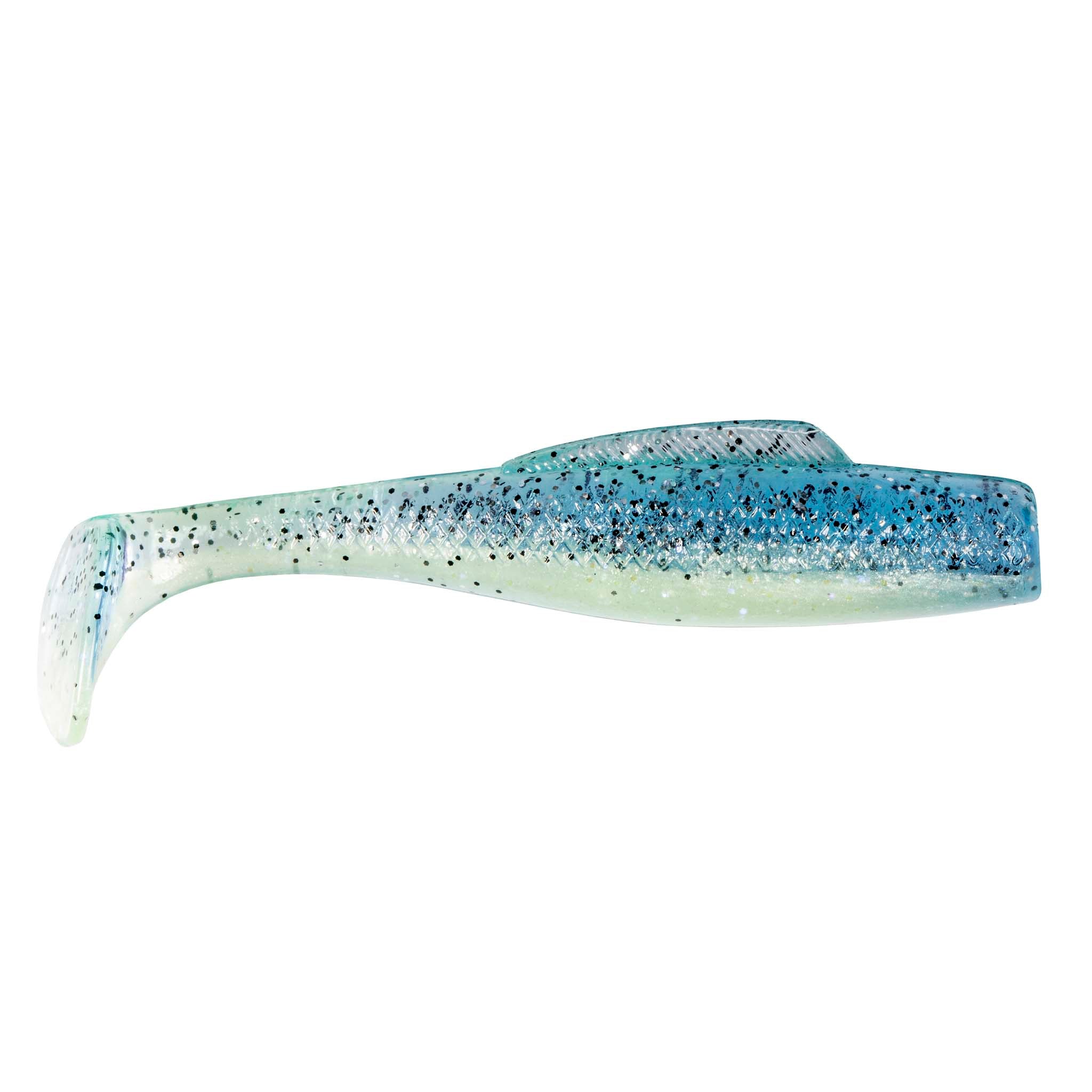 Soft plastic fishing lure, light blue translucent body with dark speckles and curved tail