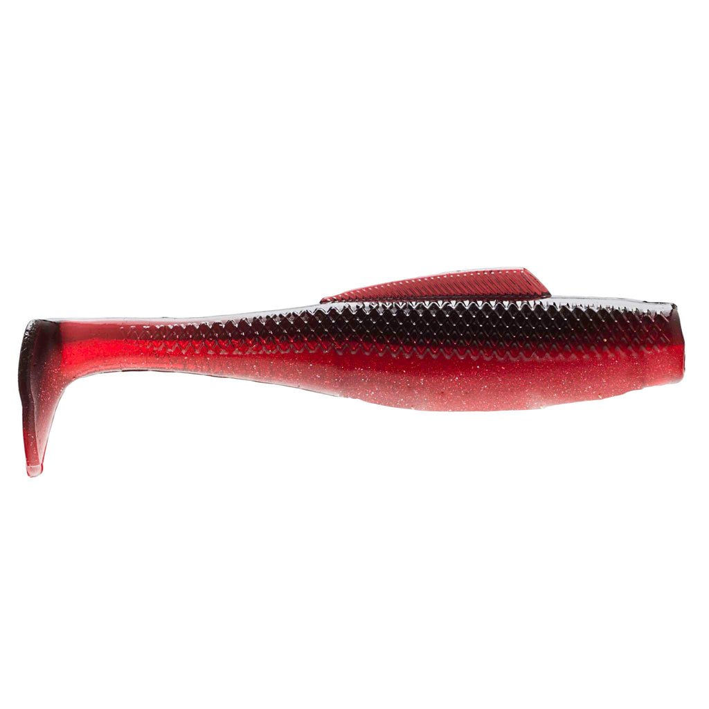 Soft plastic minnow lure, red head with black glittered back and paddle tail