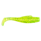Soft plastic minnow lure, bright chartreuse green with speckled pattern and paddle tail