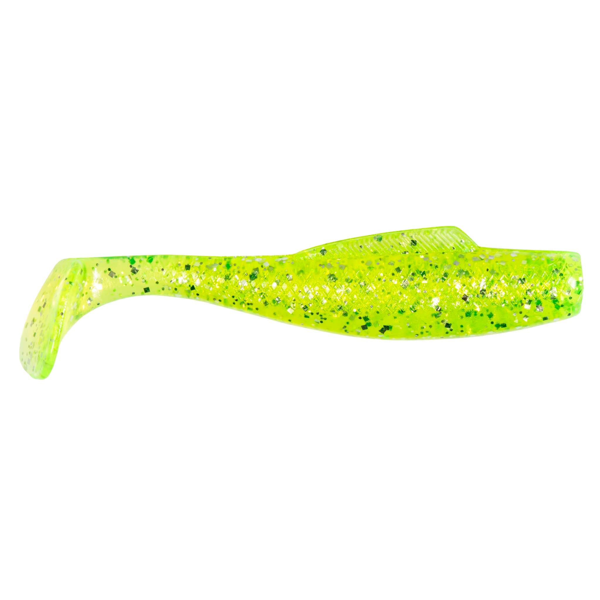 Soft plastic minnow lure, bright chartreuse green with speckled pattern and paddle tail