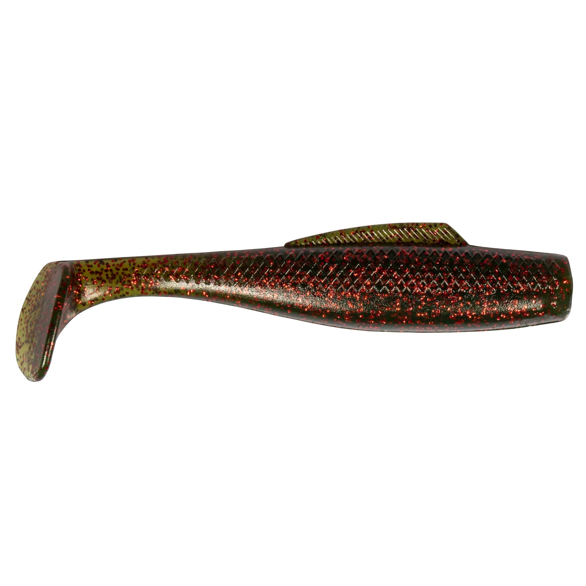 Soft plastic minnow lure, dark brown and black glitter with orange speckles and paddle tail