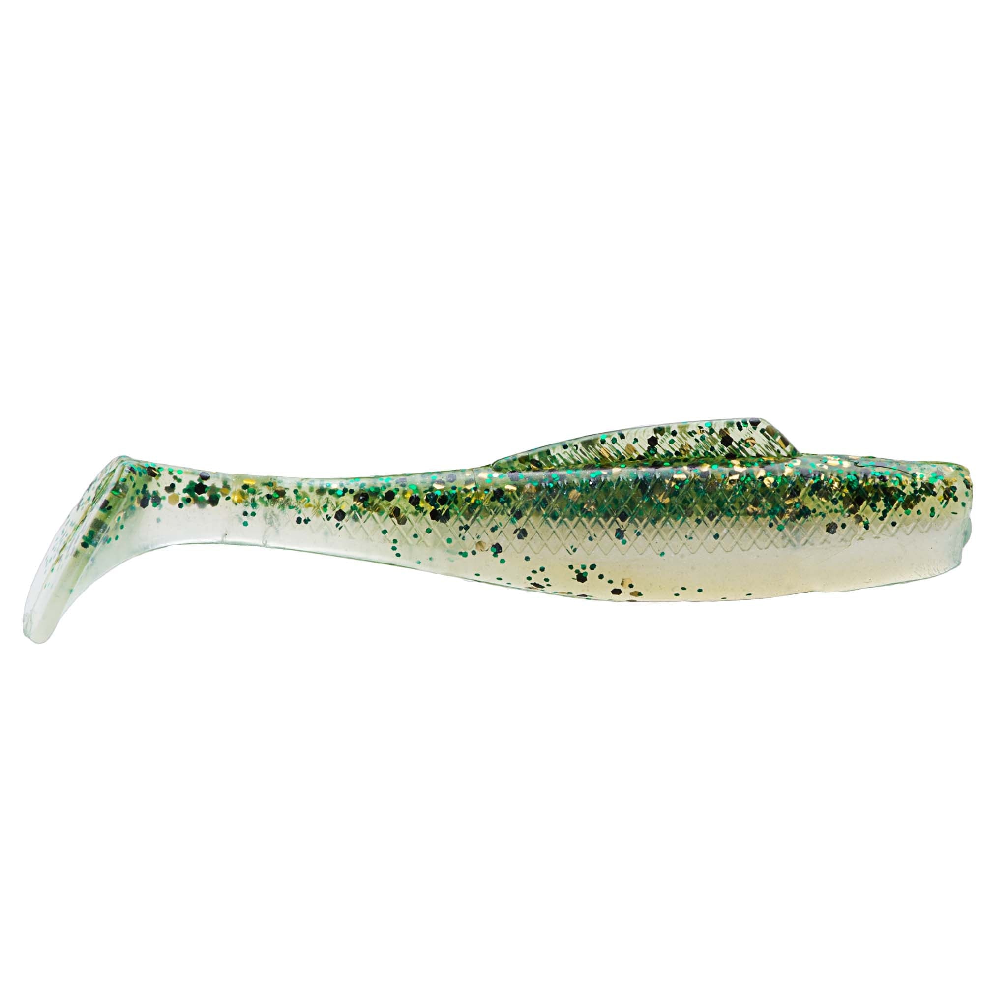 Soft plastic minnow lure, white body with green speckles, teal line accents, paddle tail