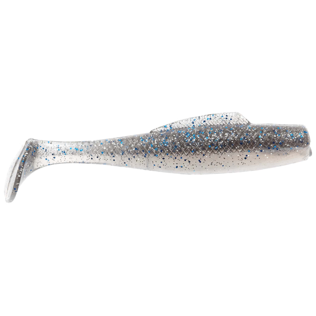 Soft plastic minnow lure, silver-white with blue glitter specks and paddle tail