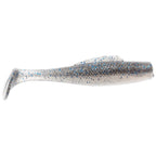 Soft plastic minnow lure, silver-white with blue glitter specks and paddle tail